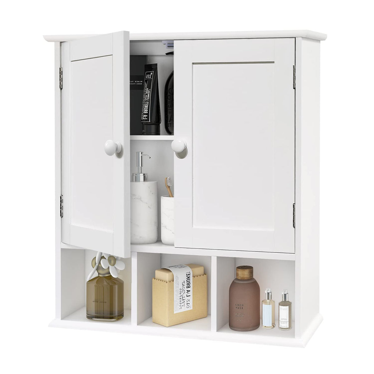 White Bathroom Wall Cabinet with 2 Door Adjustable Shelves K36970