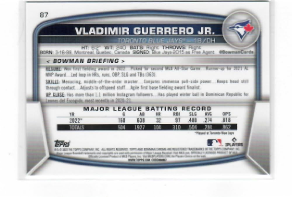 2023 Bowman Chrome Mega Box Mojo Refractor Aqua #87 Vladimir Guerrero Jr. /225 Toronto Blue Jays Baseball NM-MT S307593