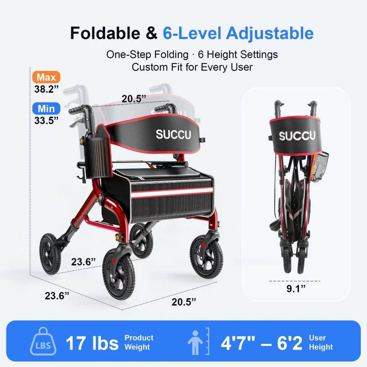 Red 8" All-Terrain Rollator Walker M58569