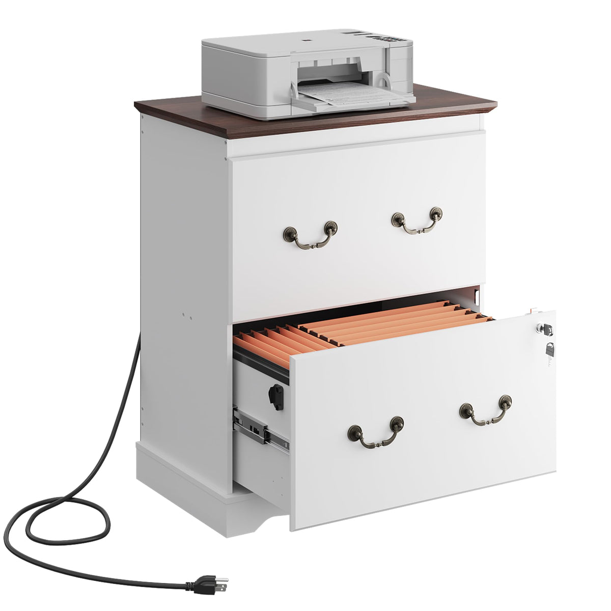 White 2 Drawer Wood File Cabinet with Charging Station and Lock T2986