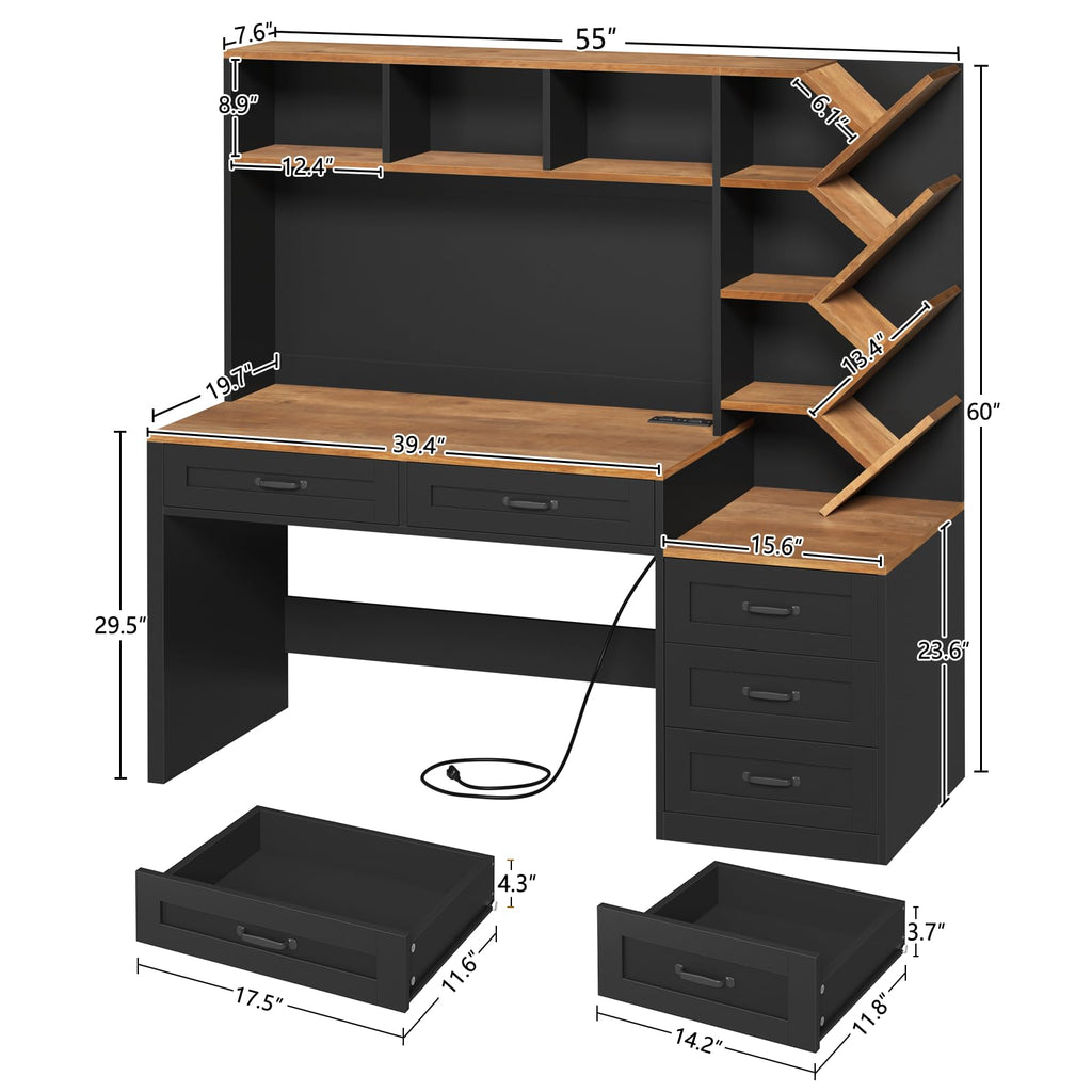 55" Computer Desk with Bookshelf, Drawers & Hutch O6083