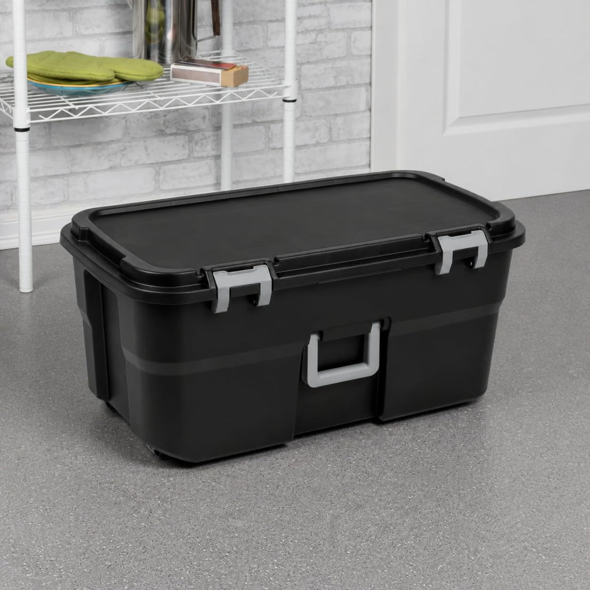 Black 22 Gallon Plastic Storage Trunk with Wheels P96472