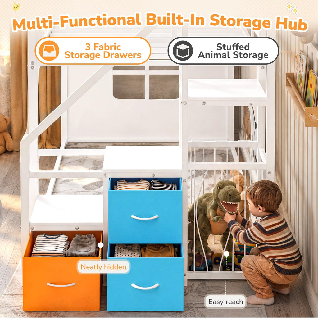 White Twin Over Twin Bunk Bed with Stairs and 3 Storage Drawers P720