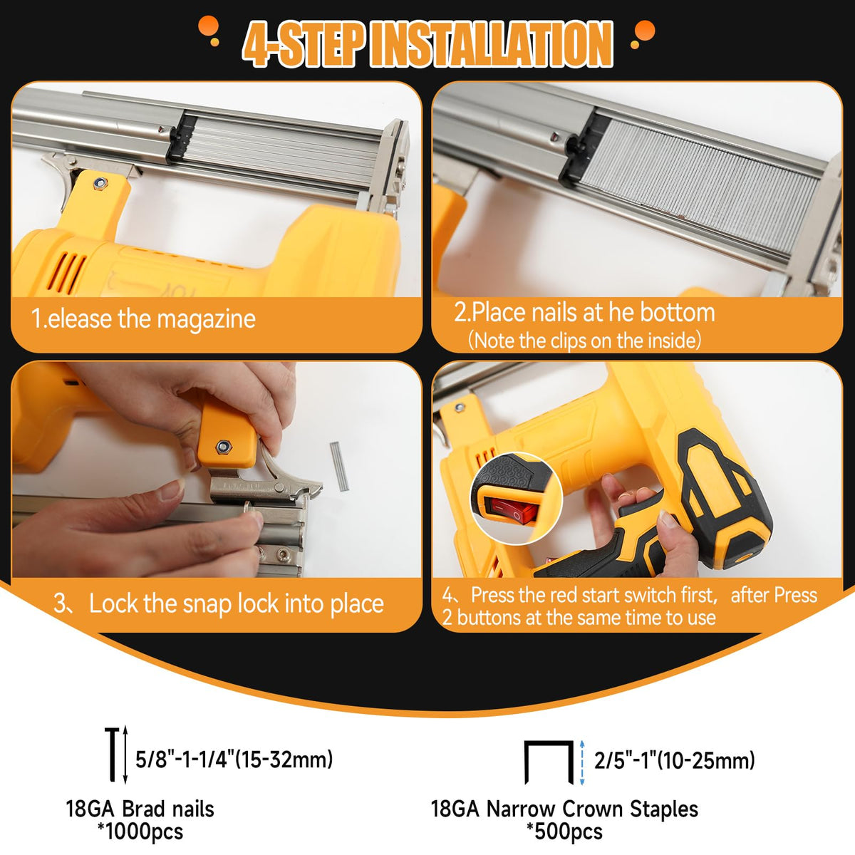 Cordless 2-in-1 Brad Nailer/Stapler Kit with 1000 Straight Nails, 500 U Nails S165