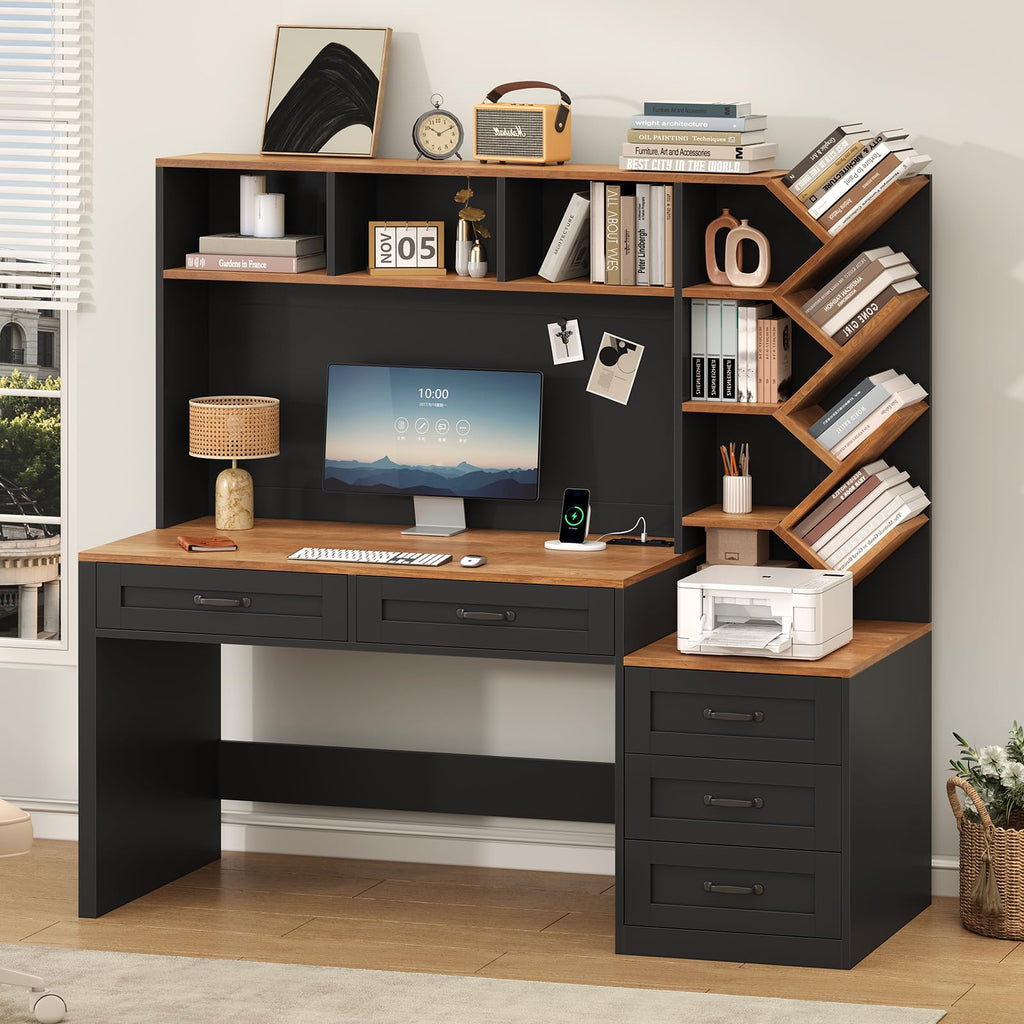 55" Computer Desk with Bookshelf, Drawers & Hutch O6083