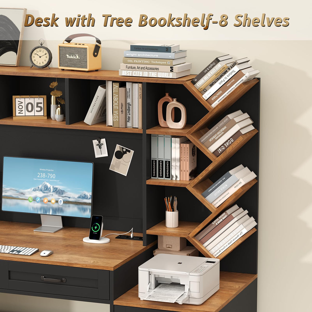55" Computer Desk with Bookshelf, Drawers & Hutch O6083