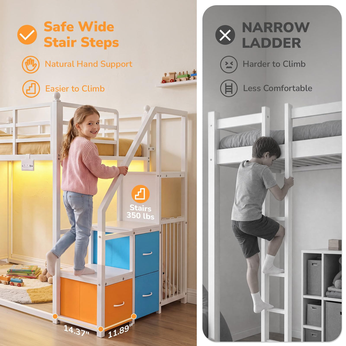 White Twin Over Twin Bunk Bed with Stairs and 3 Storage Drawers P720