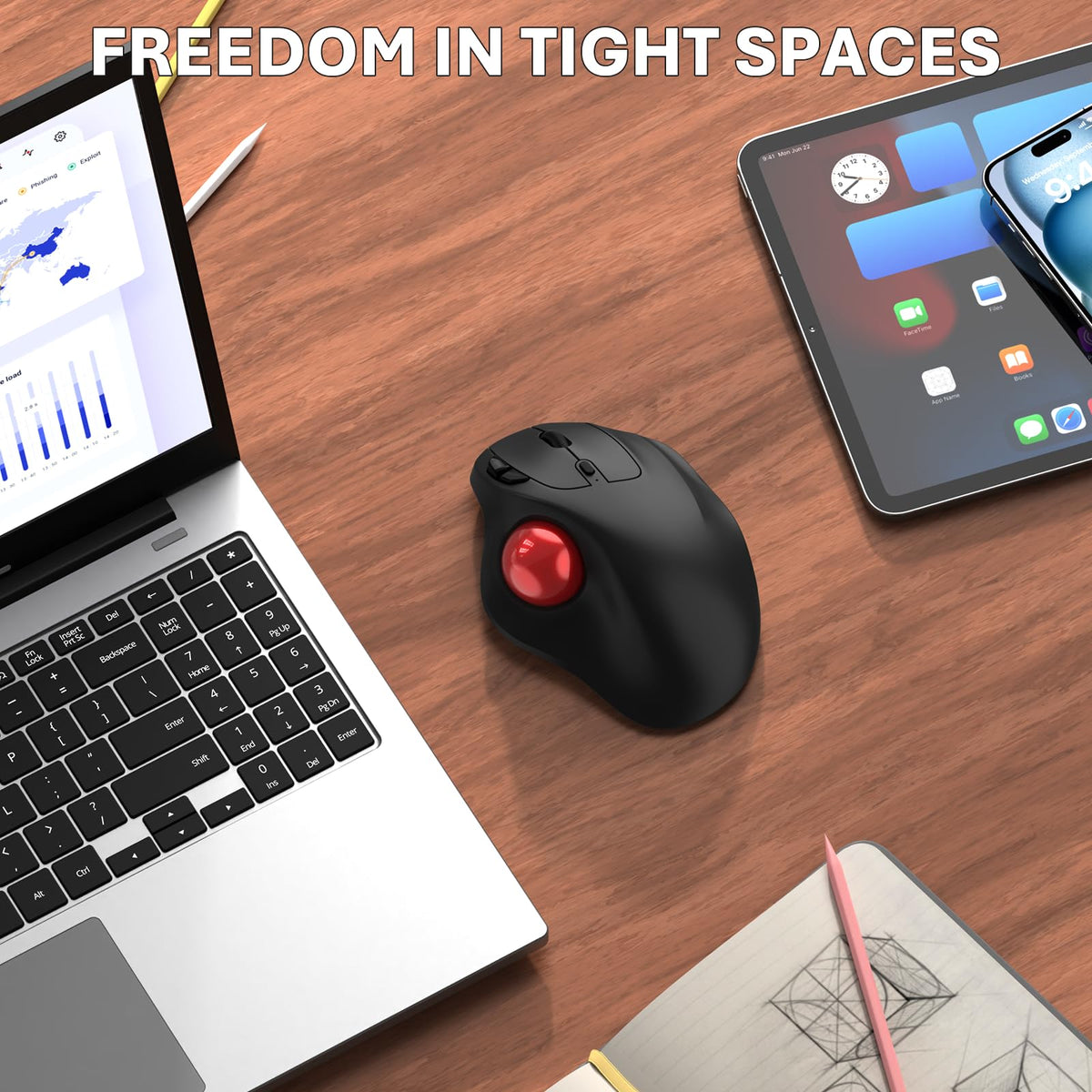 Wireless Trackball Mouse, Ergonomic with 30° Tilt, 5 DPI, Red P595434