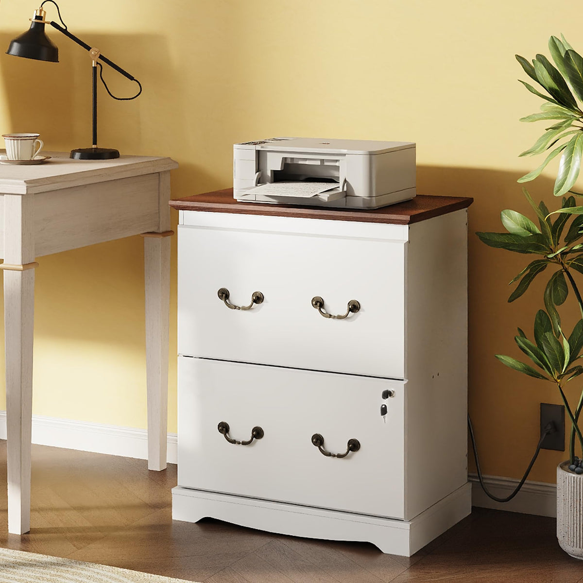 White 2 Drawer Wood File Cabinet with Charging Station and Lock T2986