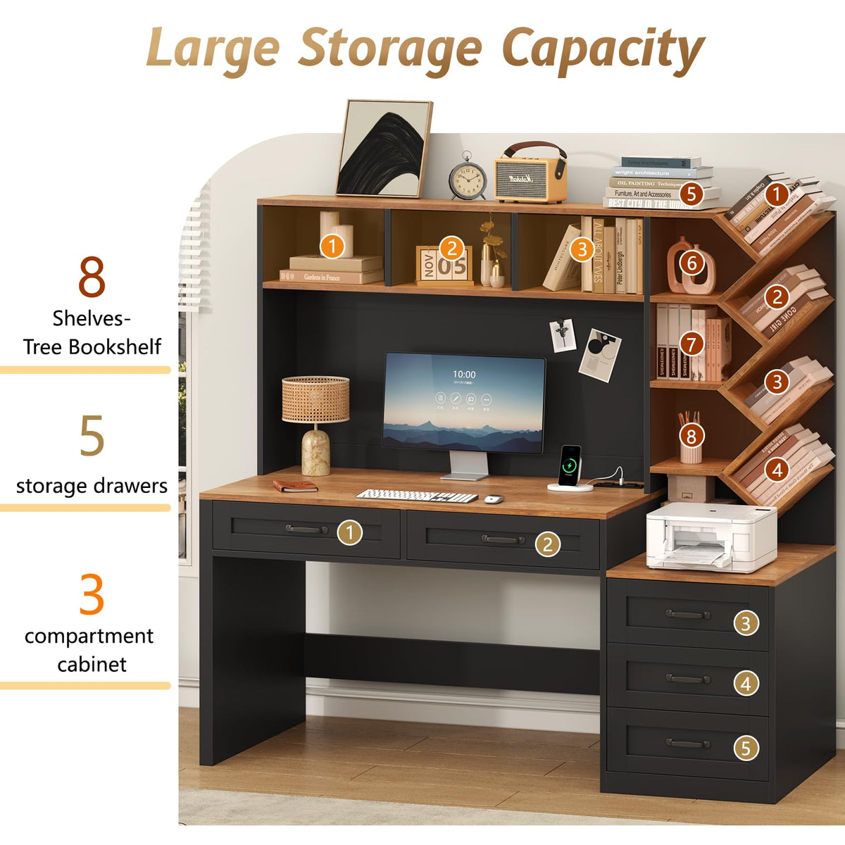 55" Computer Desk with Bookshelf, Drawers & Hutch O6083