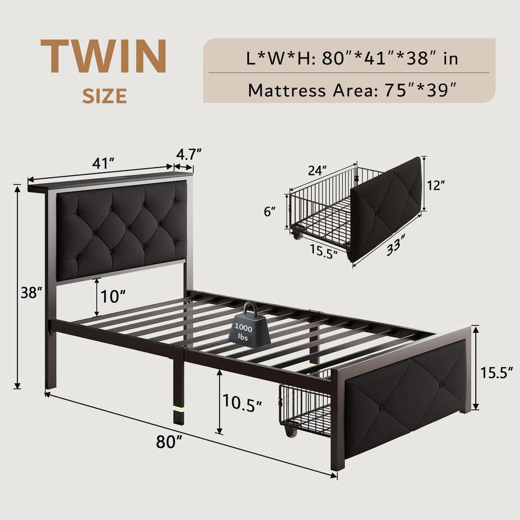 Black Twin Bed Frame with Storage Drawers C217834