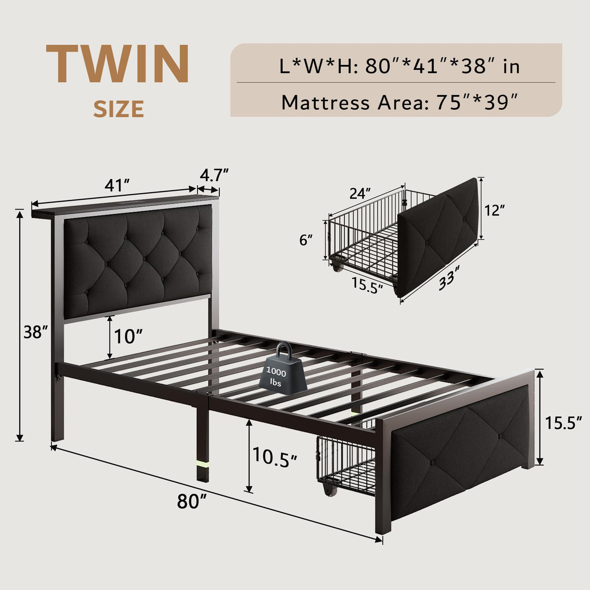 Black Twin Bed Frame with Storage Drawers C217834