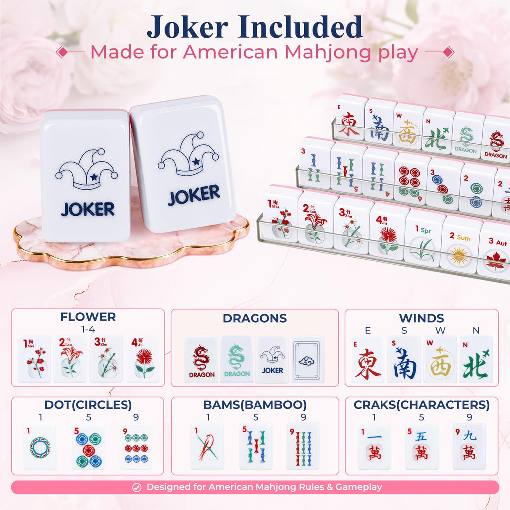 American Mahjong Set 166 Mini 0.8-Inch Tiles 4 Racks Pink U89126