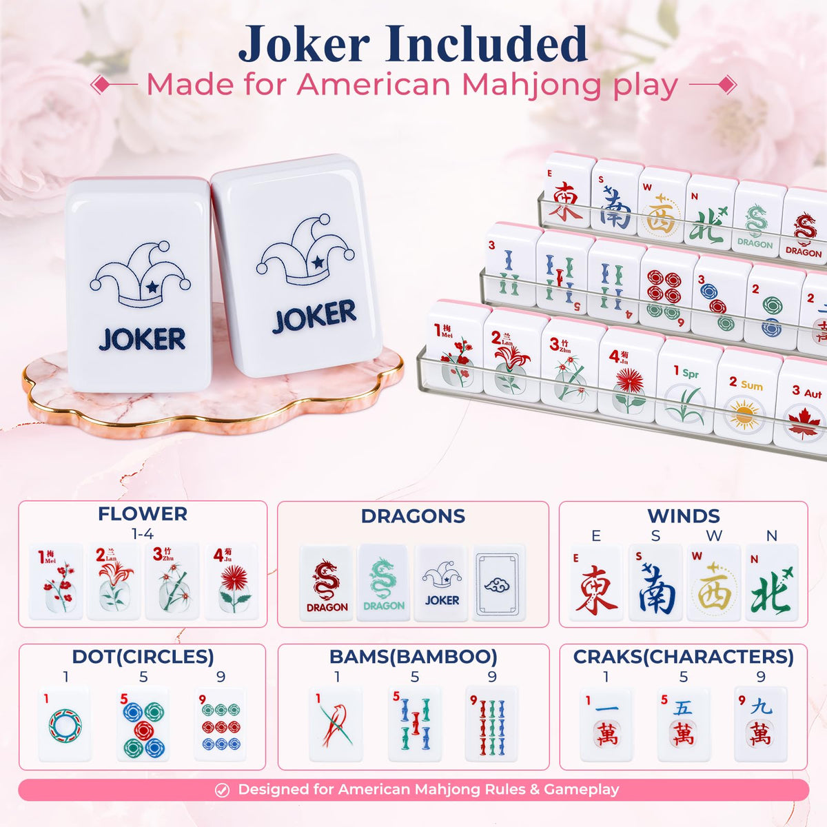 American Mahjong Set 166 Mini 0.8-Inch Tiles 4 Racks Pink U89126