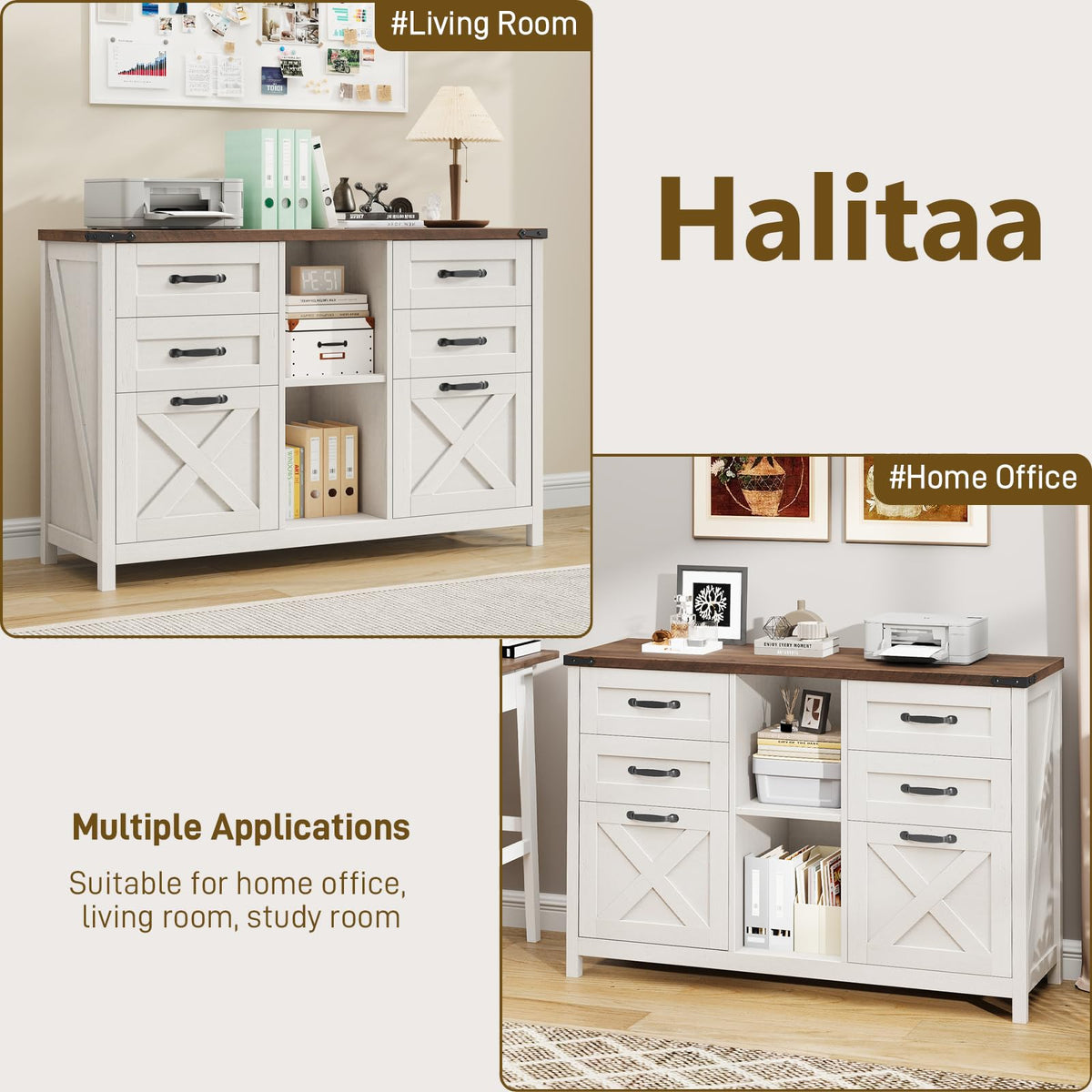 White and Brown 6 Drawer File Cabinet E570