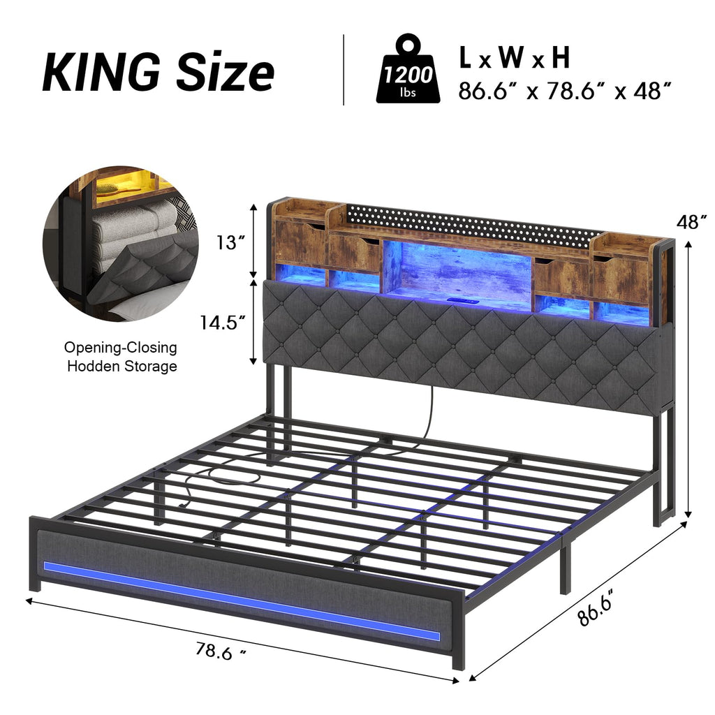 King Size Bed Frame with Storage & Upholstered Headboard D429
