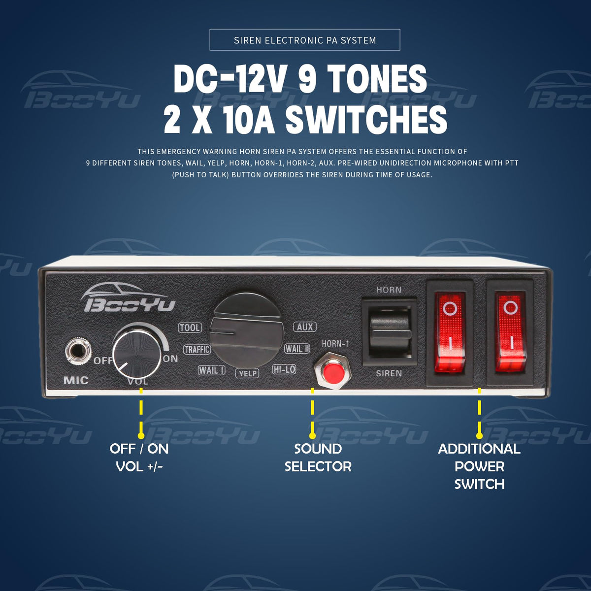 12V 200W 9Tone Slim Speaker Horn Alarm PA System Emergency Siren H400464