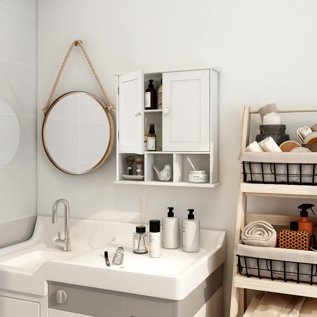 White Bathroom Wall Cabinet with 2 Door Adjustable Shelves K36970