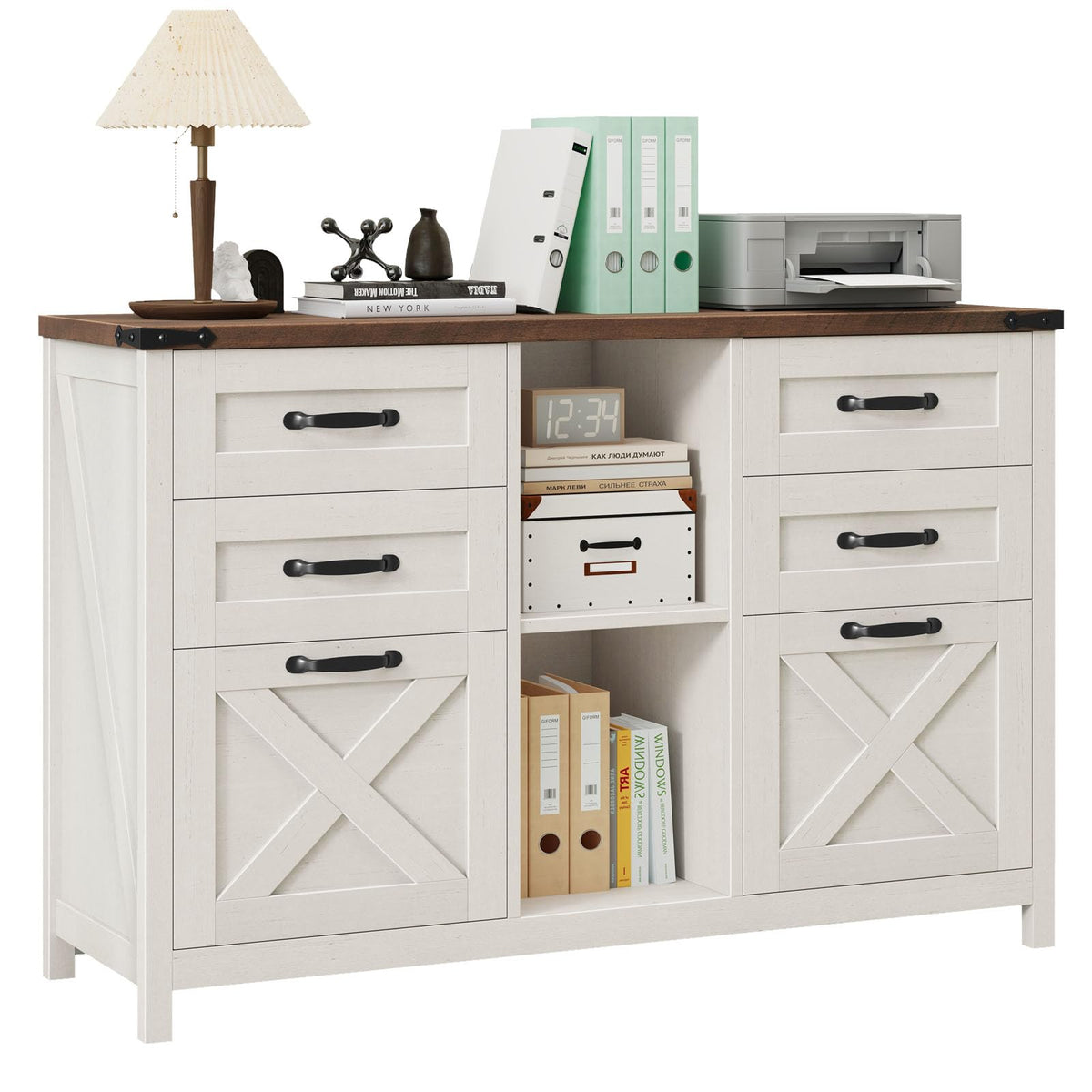 White and Brown 6 Drawer File Cabinet E570