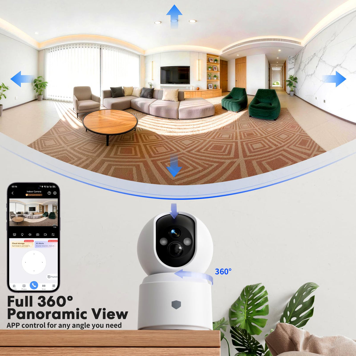 Battery Powered Wireless Indoor Security Camera, 4MP HD Pan/Tilt, 6000mAh Rechargeable, 5G&2.4G WiFi 6 E5382