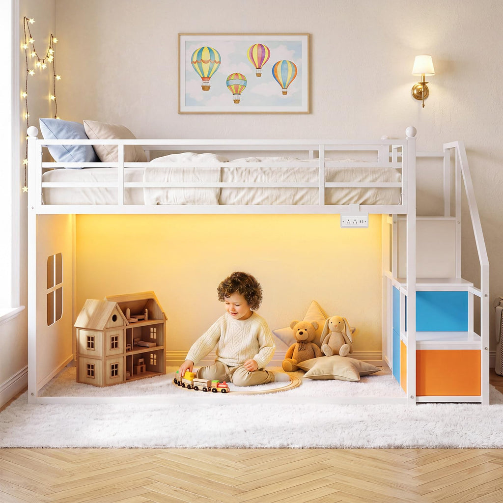 White Twin Over Twin Bunk Bed with Stairs and 3 Storage Drawers P720