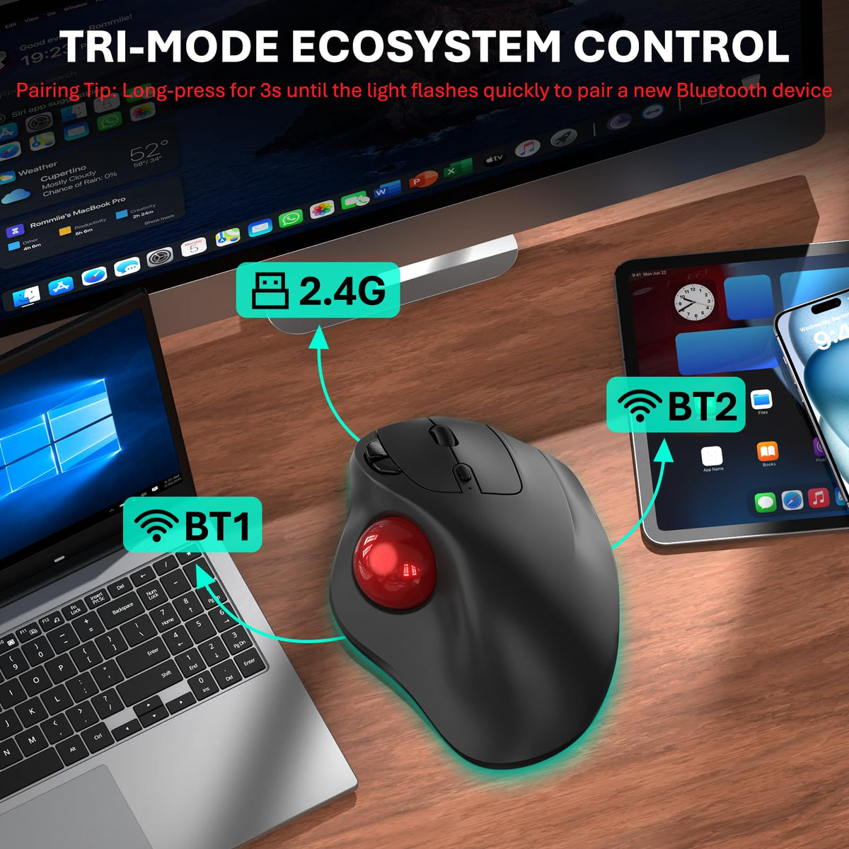 Wireless Trackball Mouse, Ergonomic with 30° Tilt, 5 DPI, Red P595434