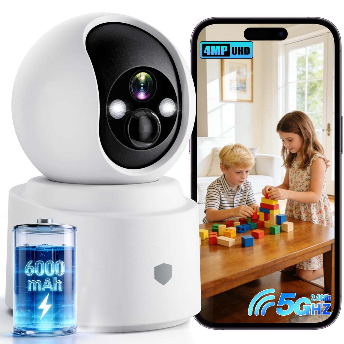 Battery Powered Wireless Indoor Security Camera, 4MP HD Pan/Tilt, 6000mAh Rechargeable, 5G&2.4G WiFi 6 E5382