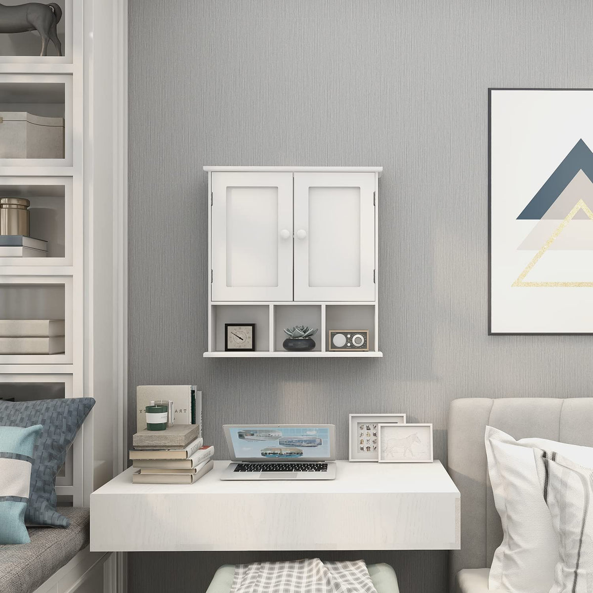 White Bathroom Wall Cabinet with 2 Door Adjustable Shelves K36970