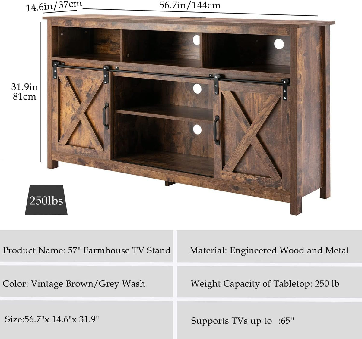 57In Wooden Farmhouse TV Stand with Sliding Barn Door W163872