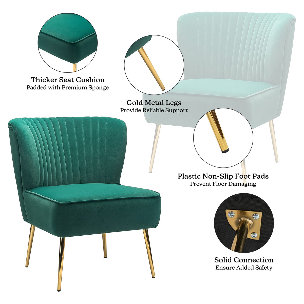 Velvet Accent Chair Set of 2 Emerald Green Wingback Armless Slipper Chair T118764