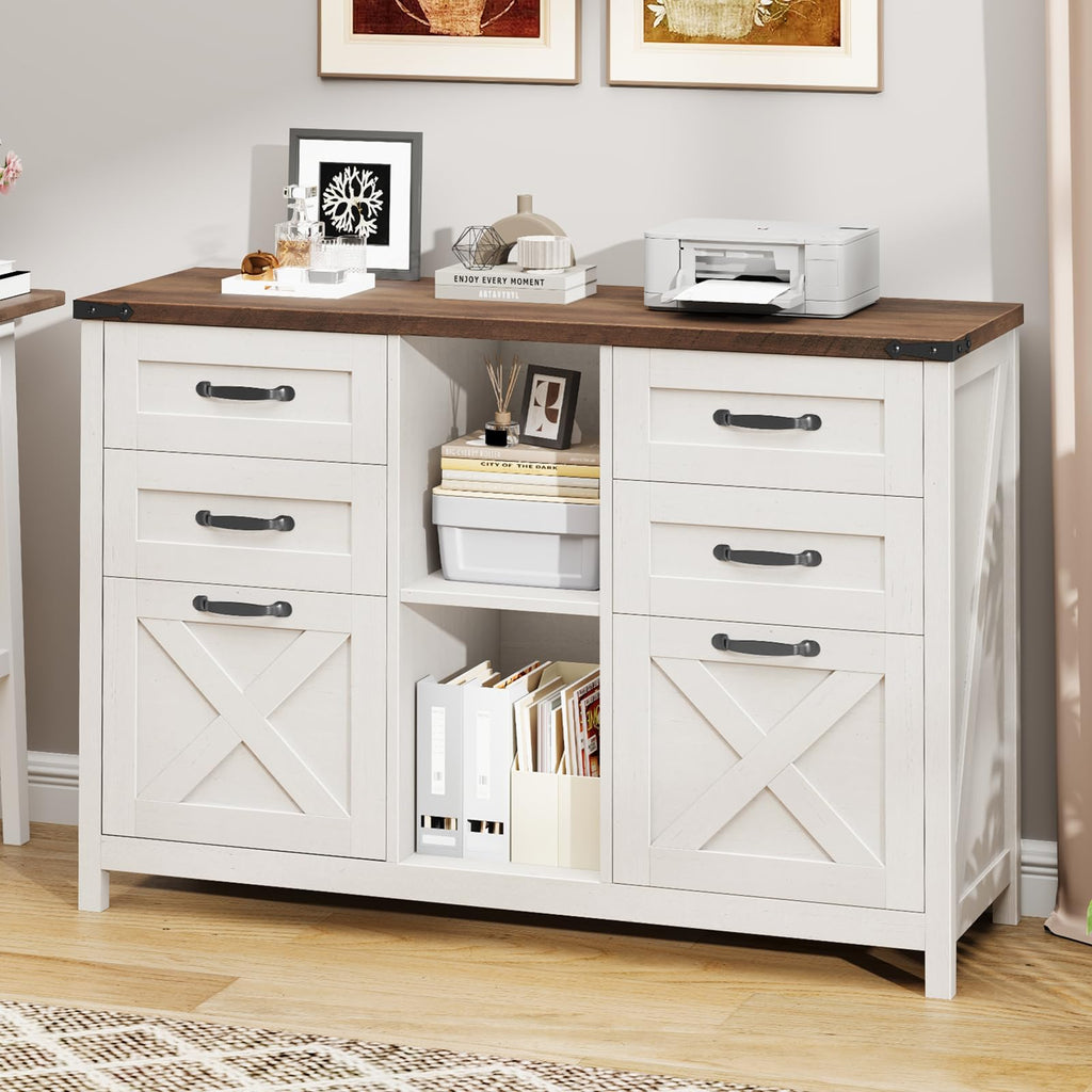 White and Brown 6 Drawer File Cabinet E570