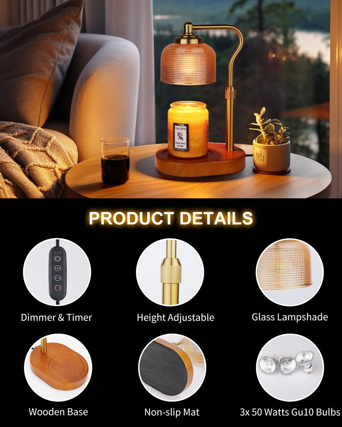 Electric Candle Warmer Lamp with Timer Dimmable Height Adjustable H8514