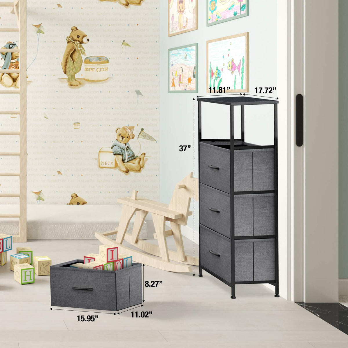 Black Grey 4 Drawer Fabric Storage Dresser L44028