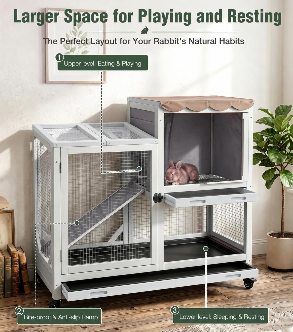 Wooden Rabbit Cage on Wheels with Ramp F73187
