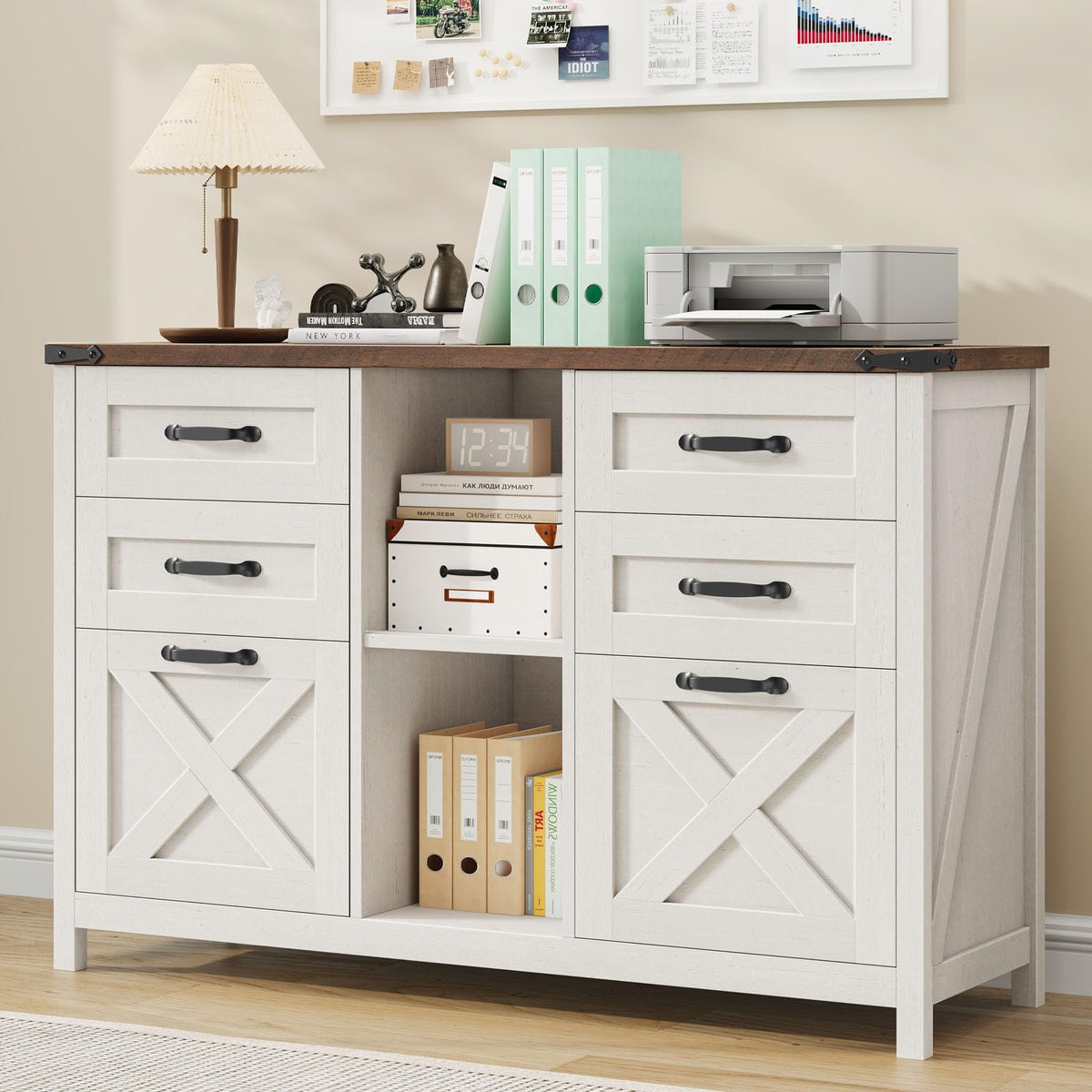 White and Brown 6 Drawer File Cabinet E570