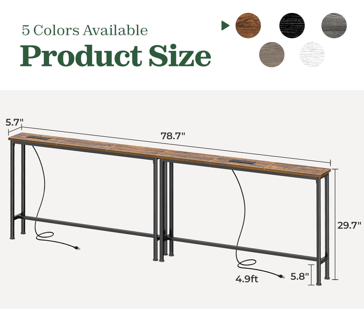 78.8 inch Narrow Behind Couch Table with 2 Charging Stations H7583