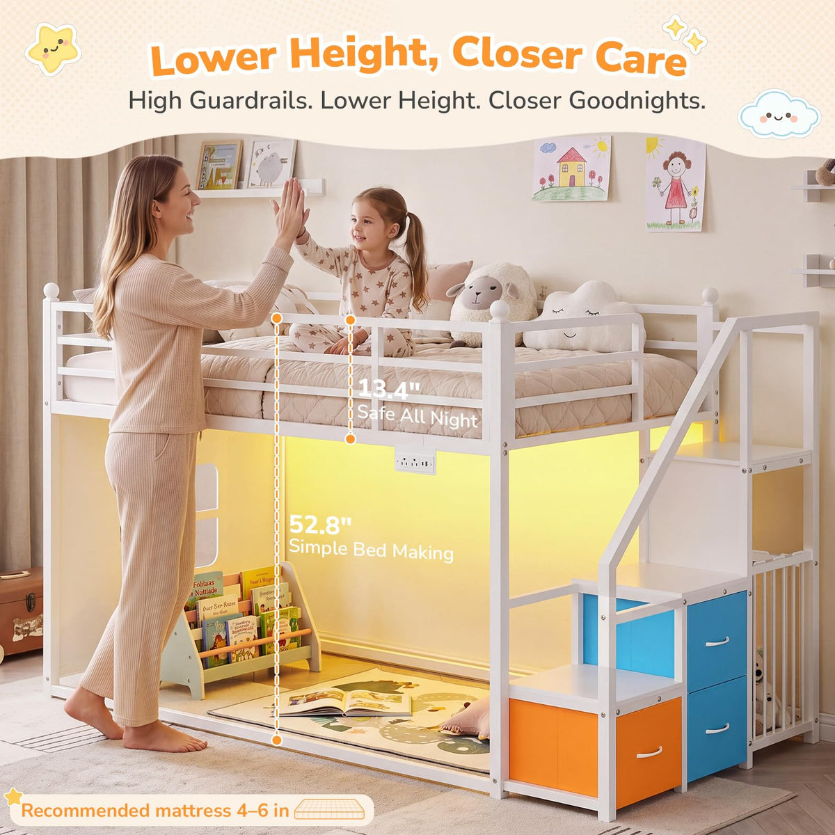 White Twin Over Twin Bunk Bed with Stairs and 3 Storage Drawers P720