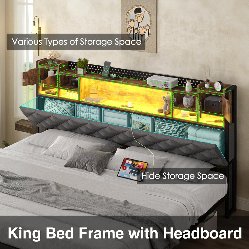 King Size Bed Frame with Storage & Upholstered Headboard D429