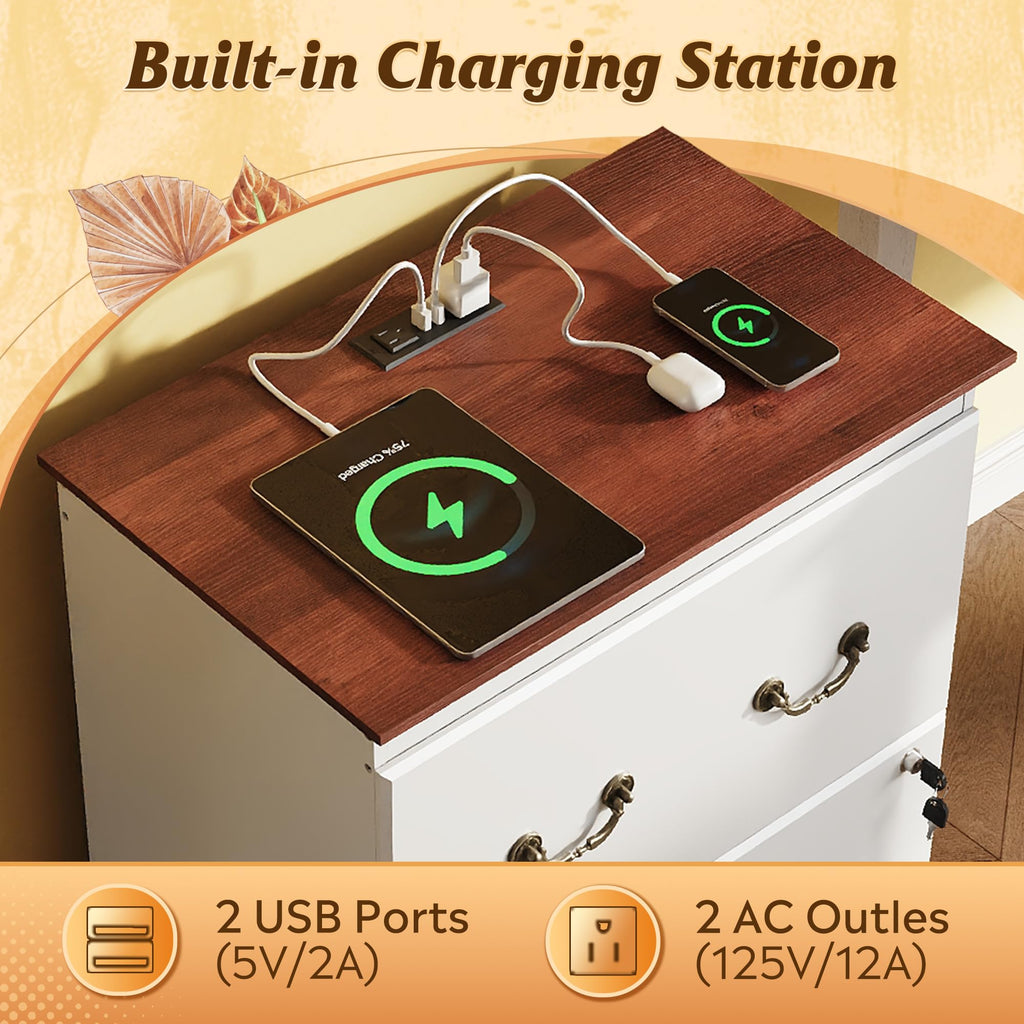 White 2 Drawer Wood File Cabinet with Charging Station and Lock T2986