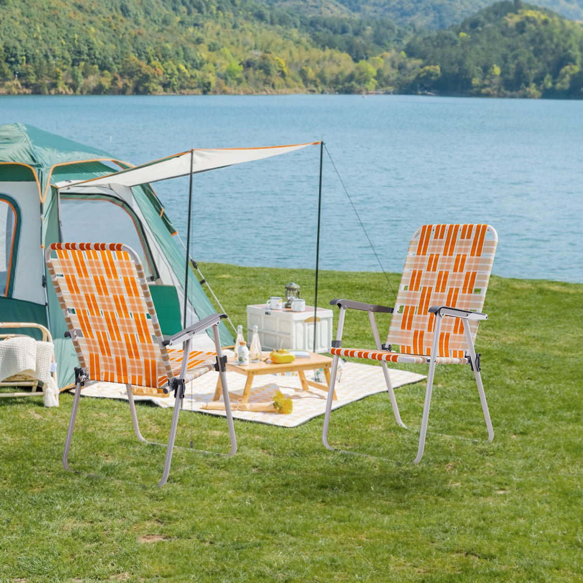 Orange & White Set of 2 Webbed Folding Beach Chairs A8236