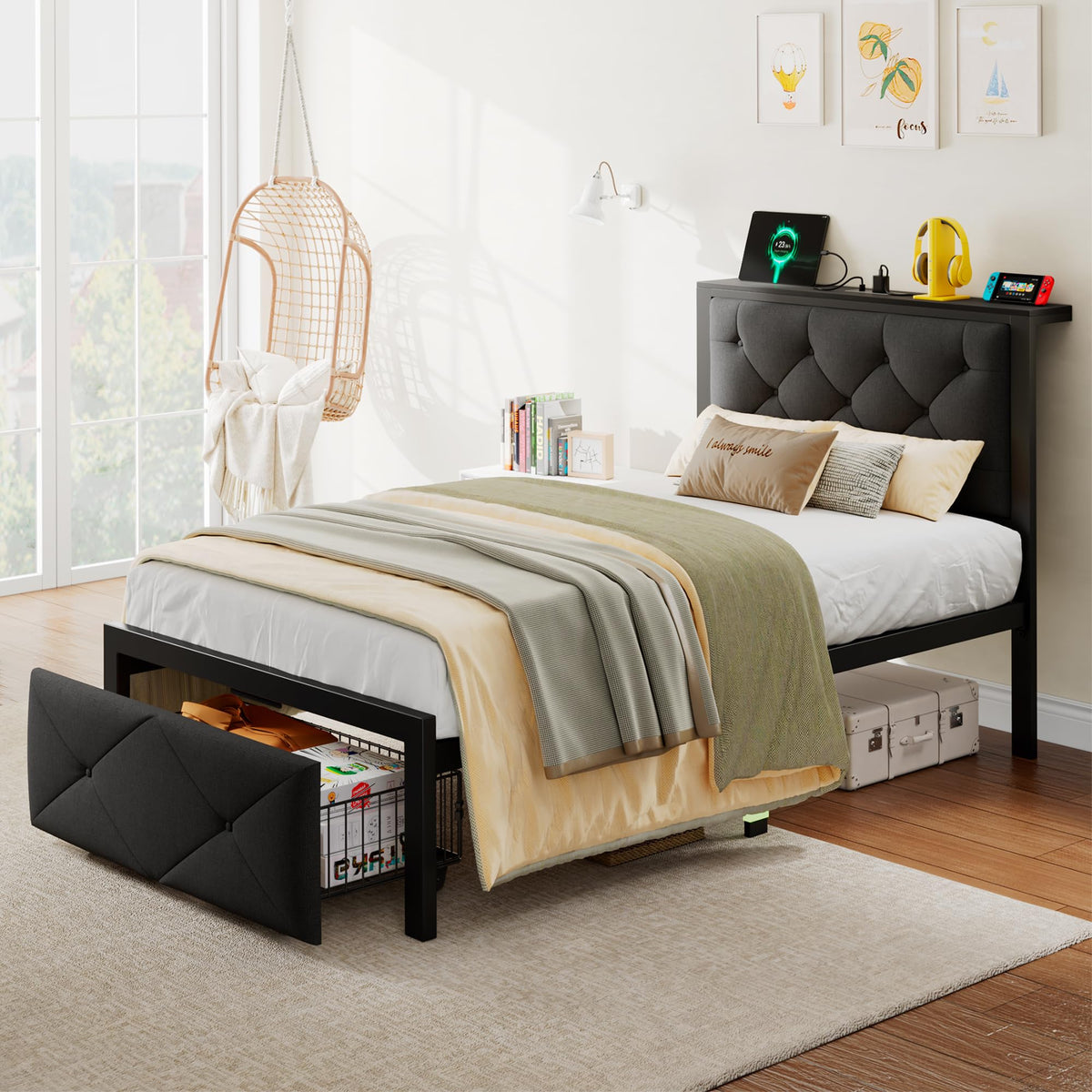 Black Twin Bed Frame with Storage Drawers C217834