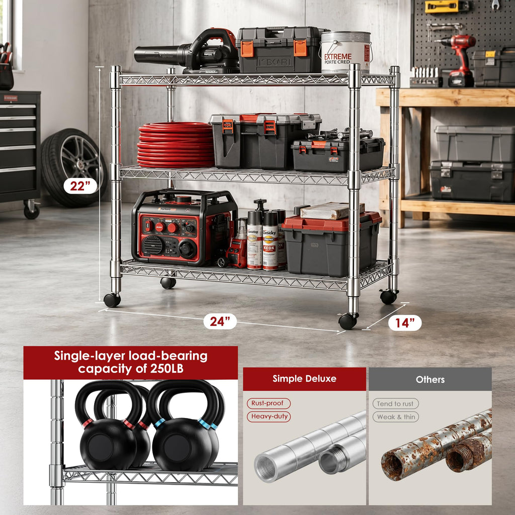 Heavy Duty 3-Shelf Chrome Steel Shelving Unit with Wheels S32281