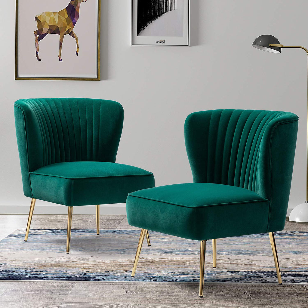 Velvet Accent Chair Set of 2 Emerald Green Wingback Armless Slipper Chair T118764