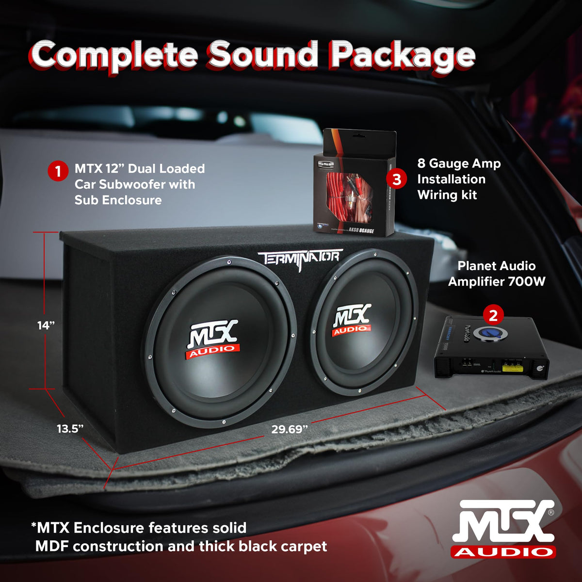 Dual 12" Subwoofers Loaded Enclosure with Amp & Wiring Kit W10079