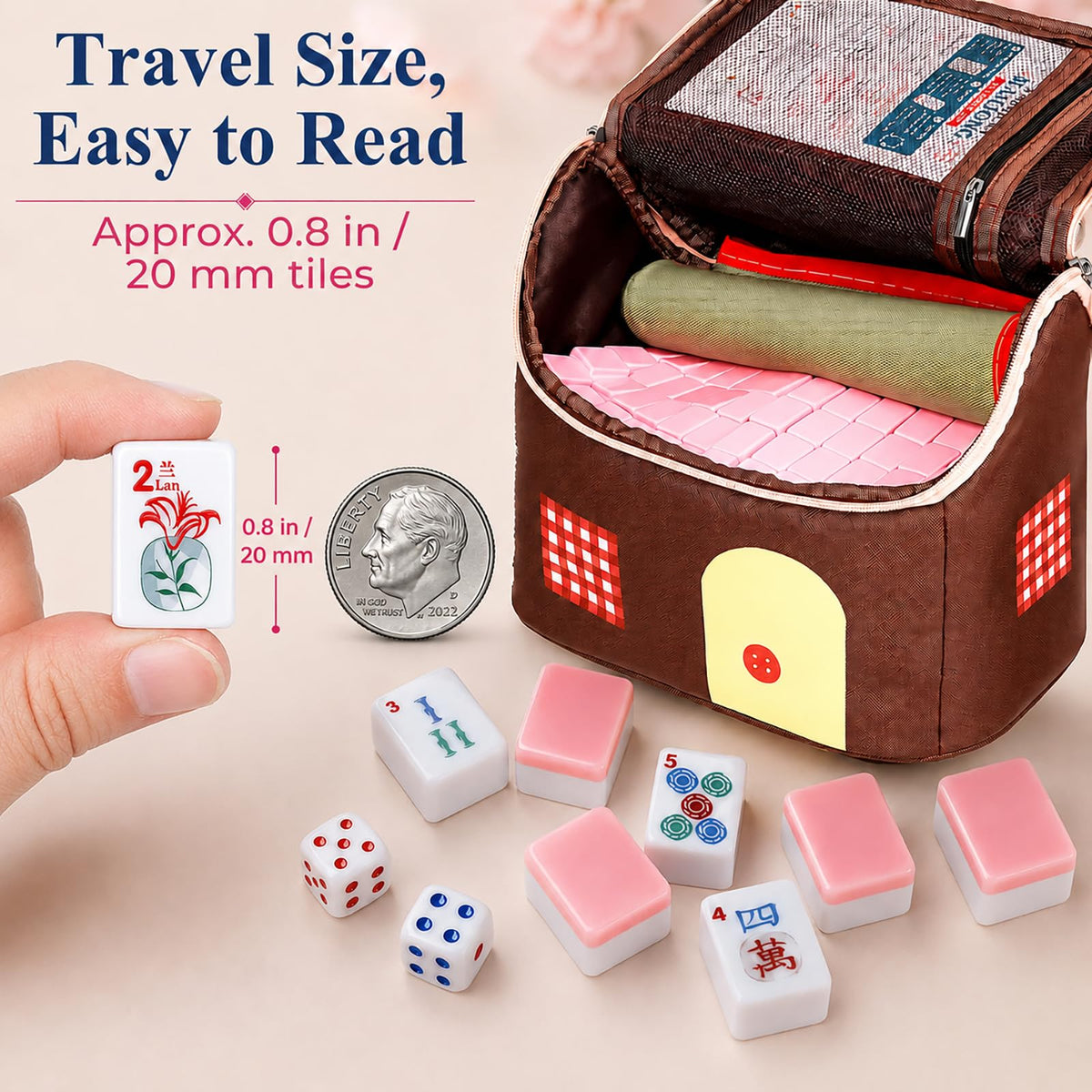 American Mahjong Set 166 Mini 0.8-Inch Tiles 4 Racks Pink U89126