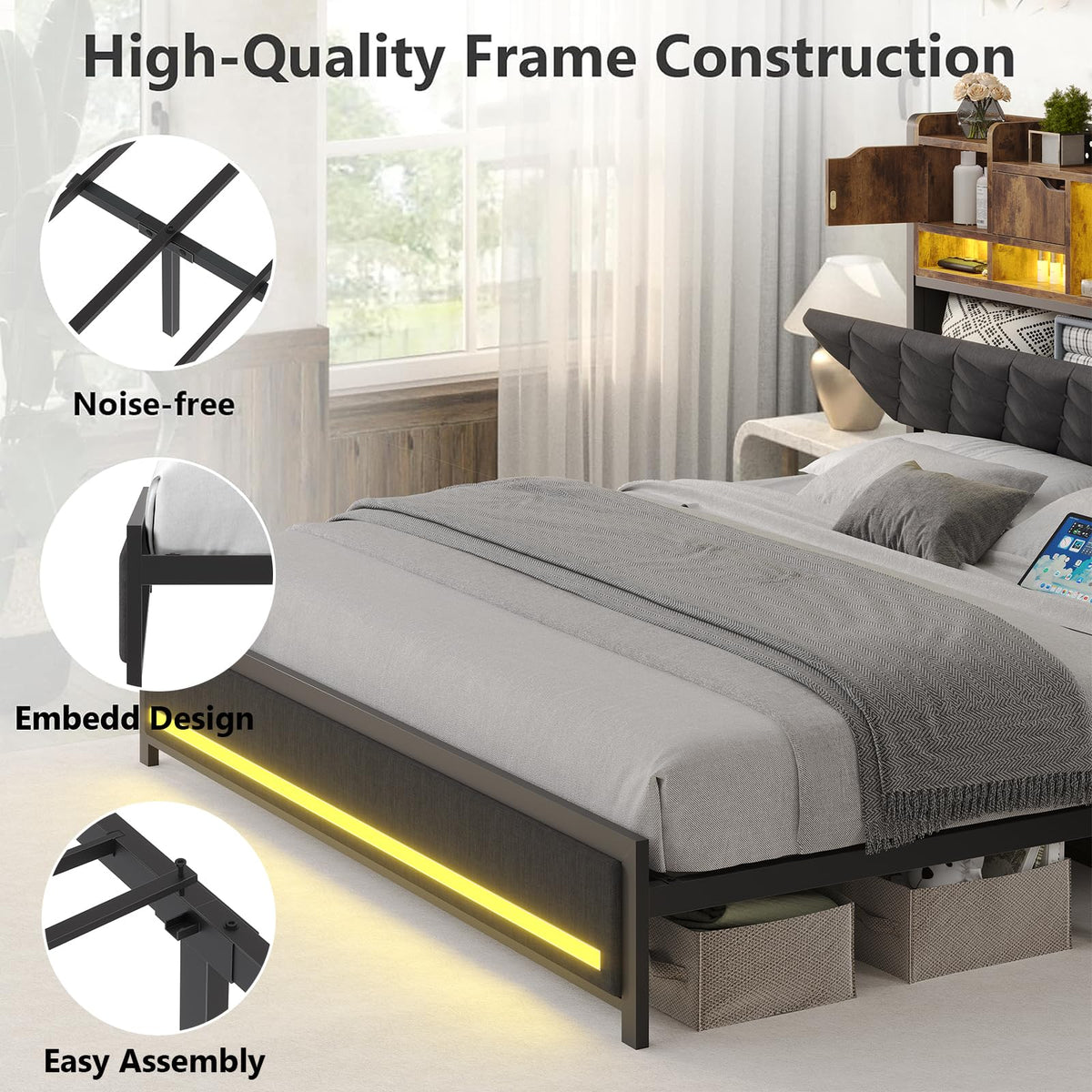 King Size Bed Frame with Storage & Upholstered Headboard D429