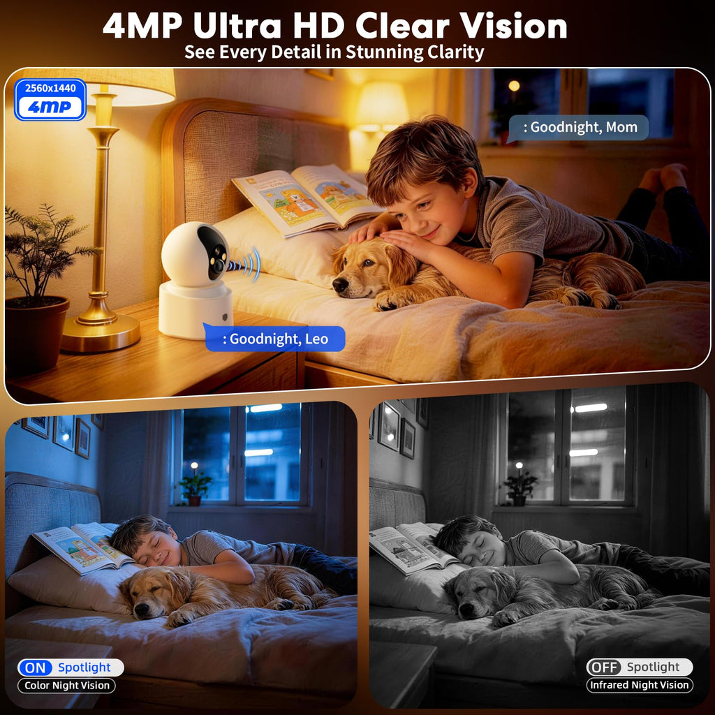 Battery Powered Wireless Indoor Security Camera, 4MP HD Pan/Tilt, 6000mAh Rechargeable, 5G&2.4G WiFi 6 E5382