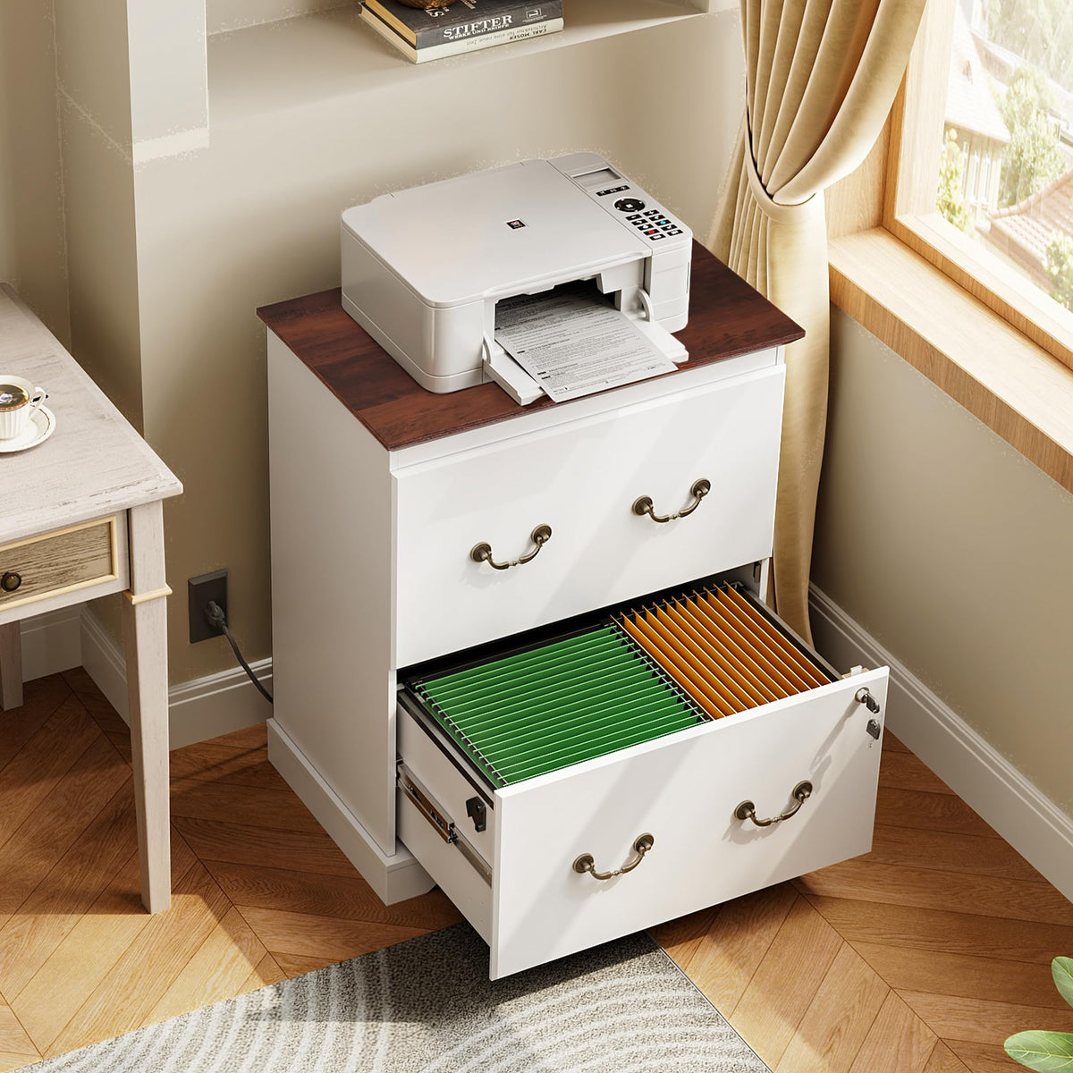 White 2 Drawer Wood File Cabinet with Charging Station and Lock T2986