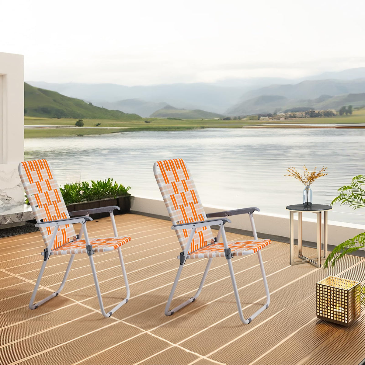 Orange & White Set of 2 Webbed Folding Beach Chairs A8236
