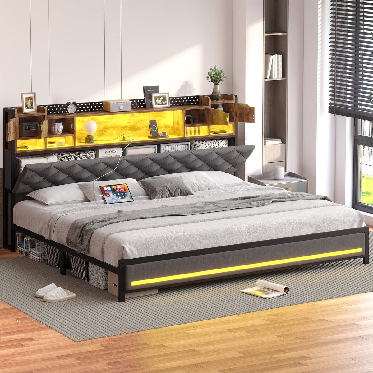 King Size Bed Frame with Storage & Upholstered Headboard D429